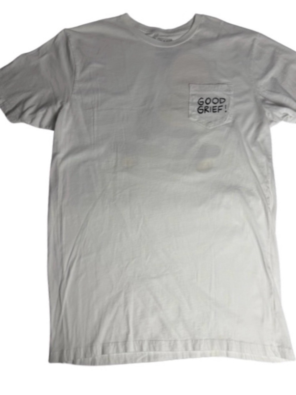 VANS White Pocket Tee with 'GOOD GRIEF!' Charlie Brown back